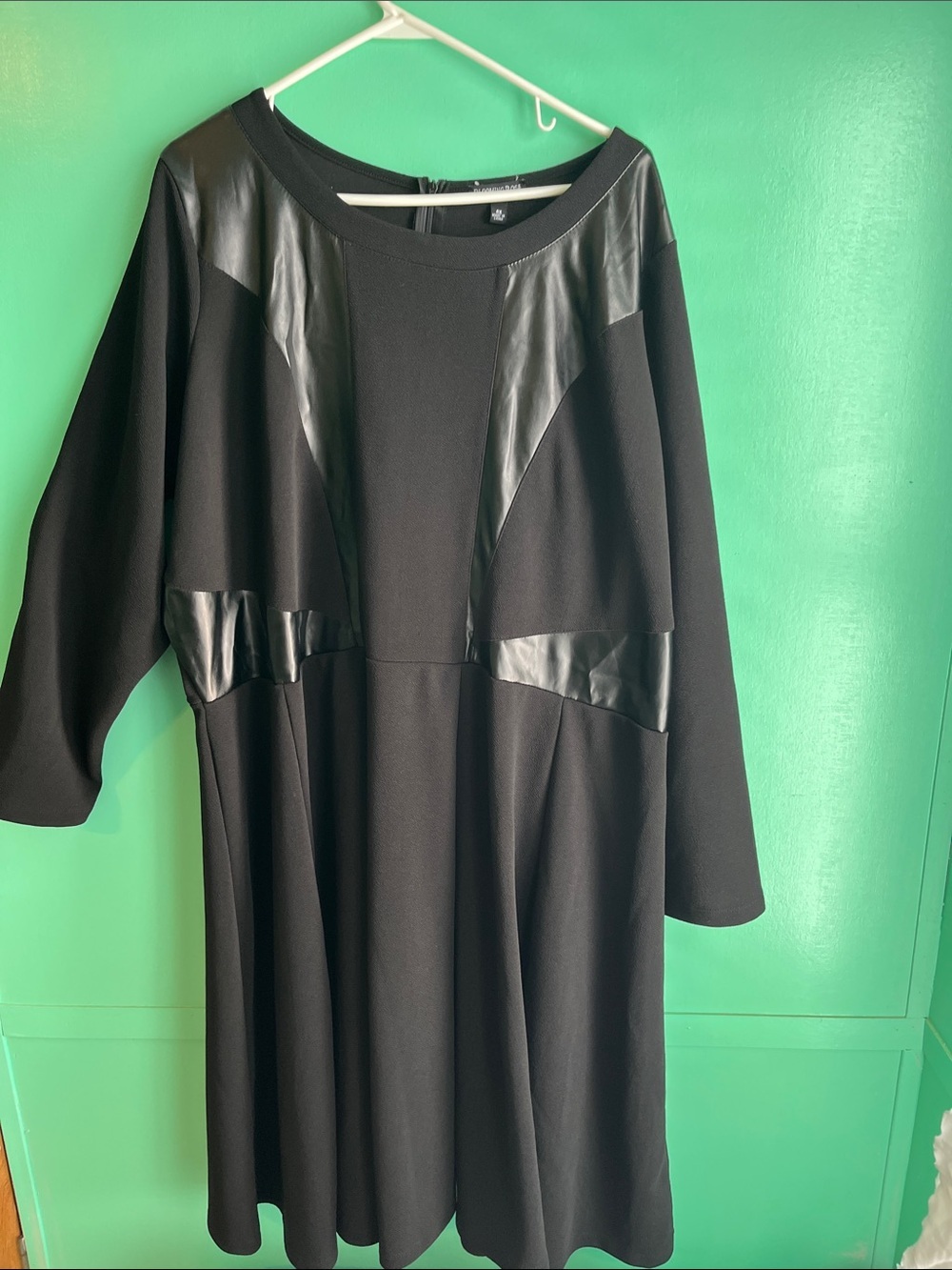 Women's Black Long-Sleeve A-Line Dress with Faux Leather Panels